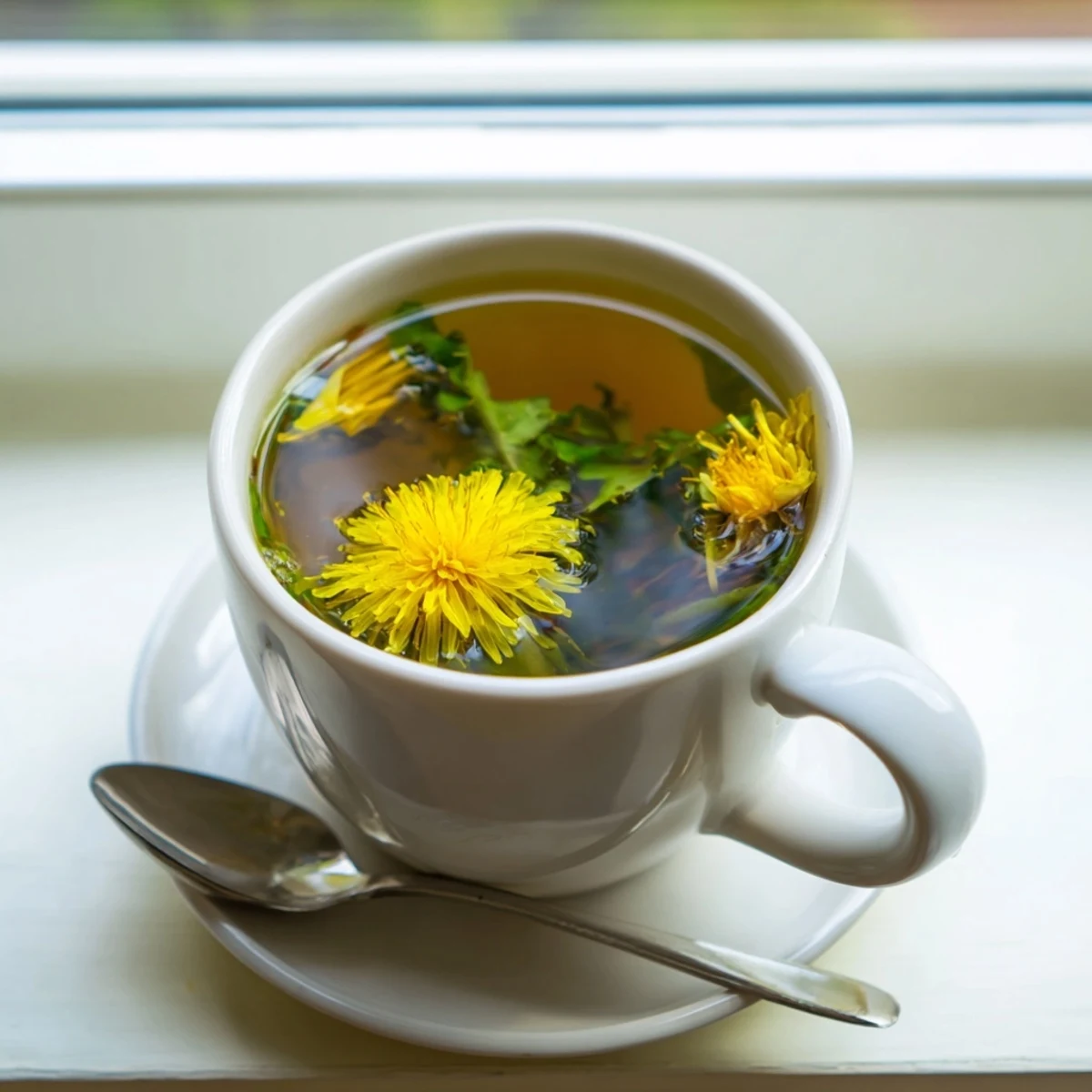 Golden dandelion tea steaming in a white ceramic mug with fresh petals floating on top