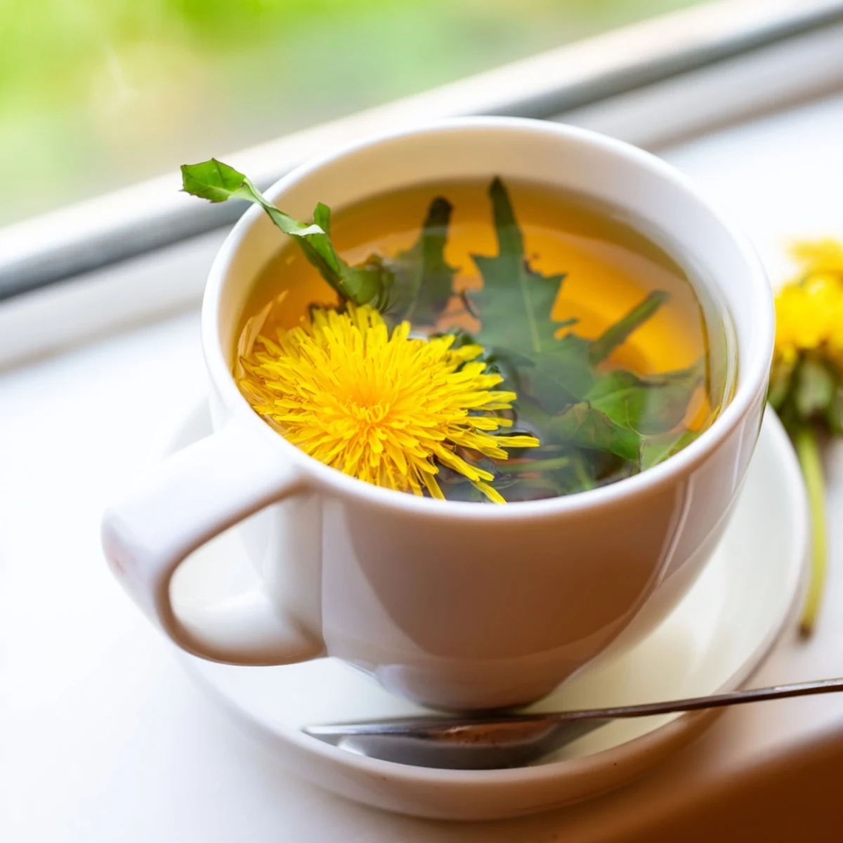 Clear glass cup of earthy dandelion infusion garnished with lemon slice on wooden table