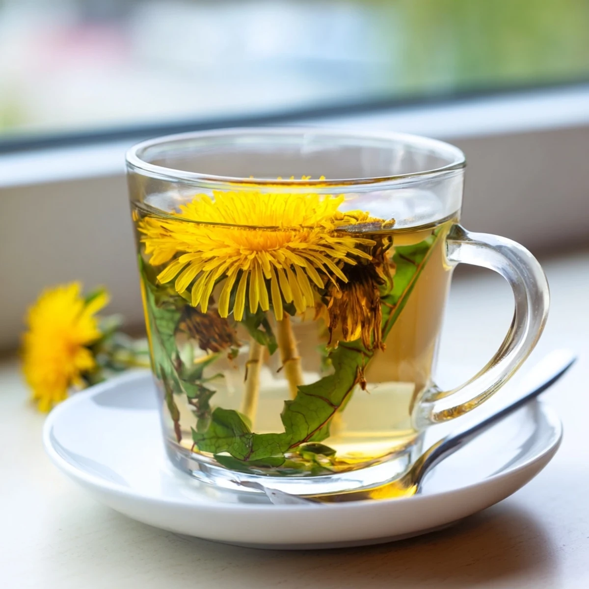 Warm dandelion herbal tea pouring from kettle with honey drizzle and scattered yellow flowers
