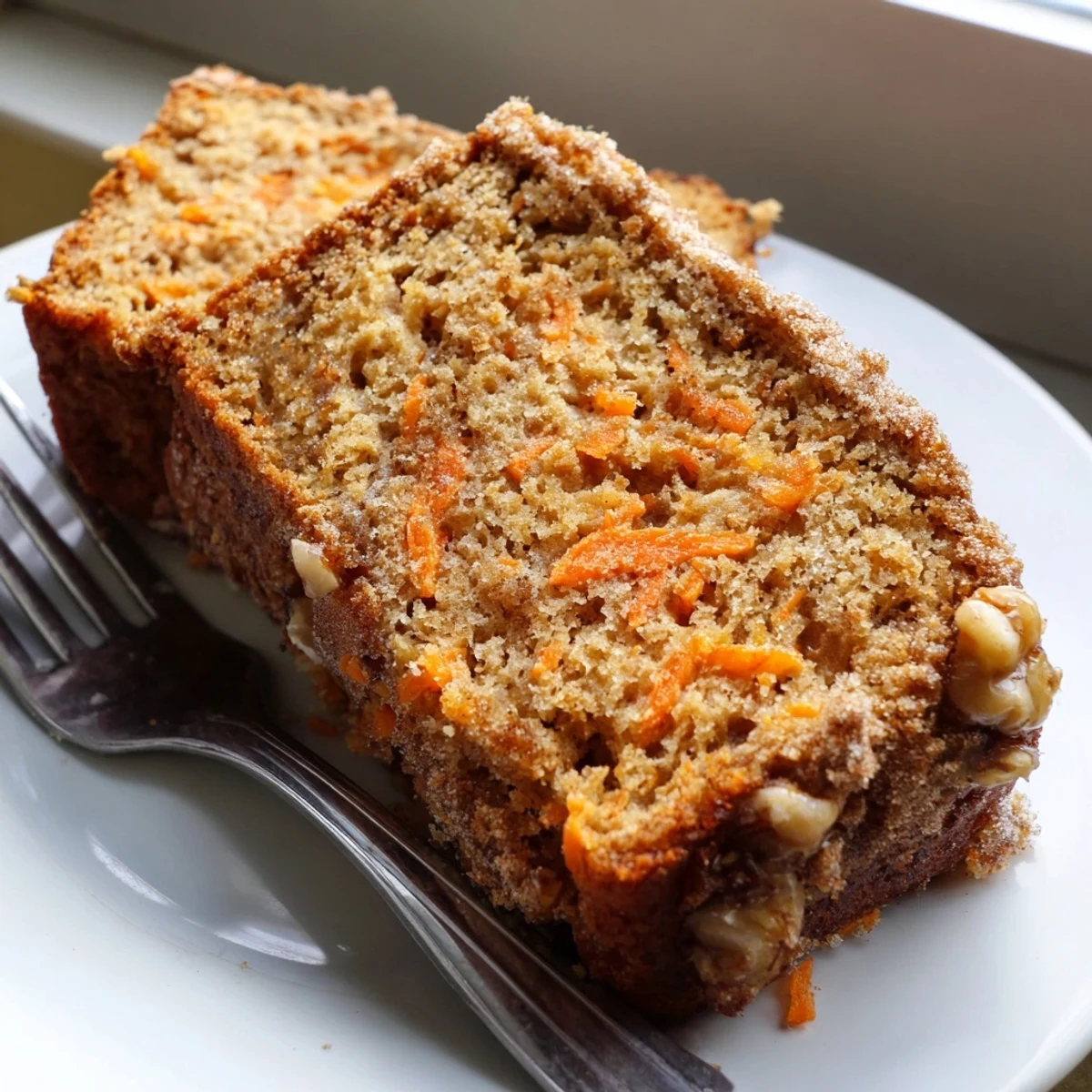 Moist carrot cake banana bread loaf with grated carrots and walnuts on a wooden cutting board