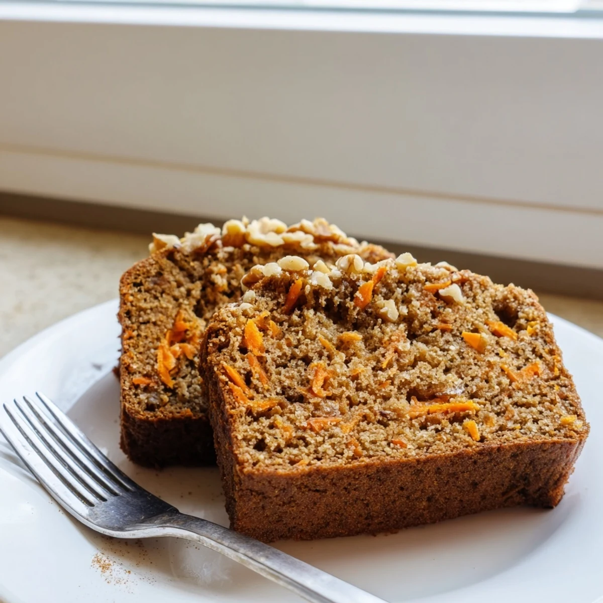 Sliced spiced carrot cake banana bread revealing soft crumb texture and orange carrot flecks