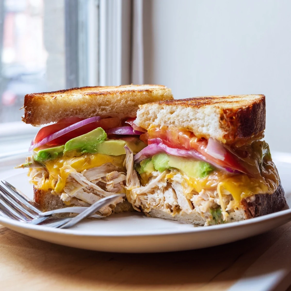 Golden brown Chicken Avocado Melt Sandwich with melted cheese oozing from toasted sourdough bread slices