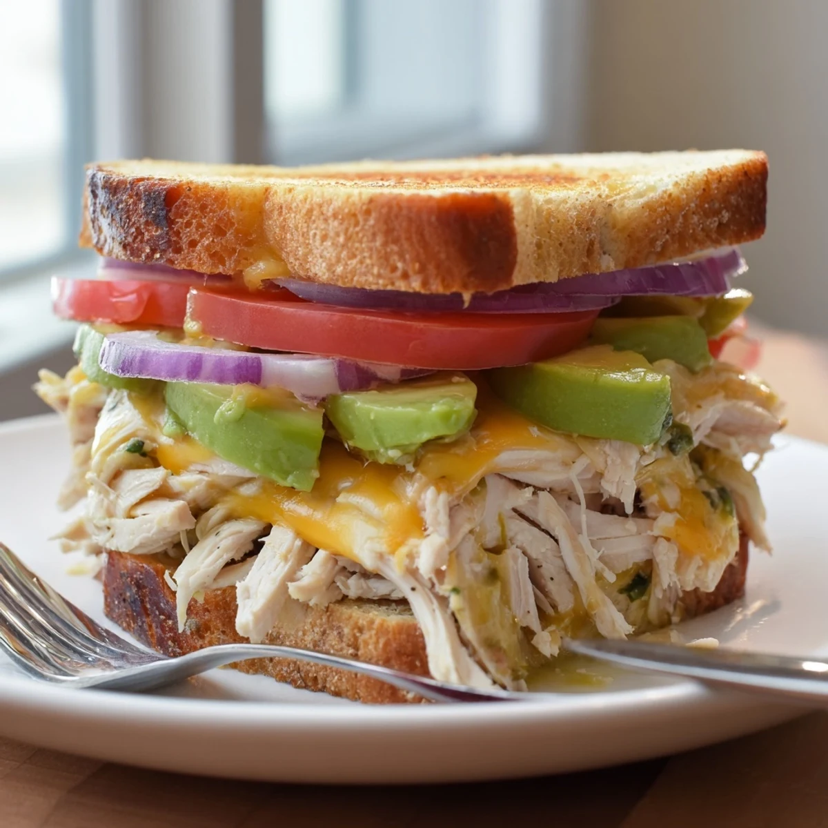 Sliced open Chicken Avocado Melt Sandwich revealing layers of tender chicken, creamy avocado, and tomato