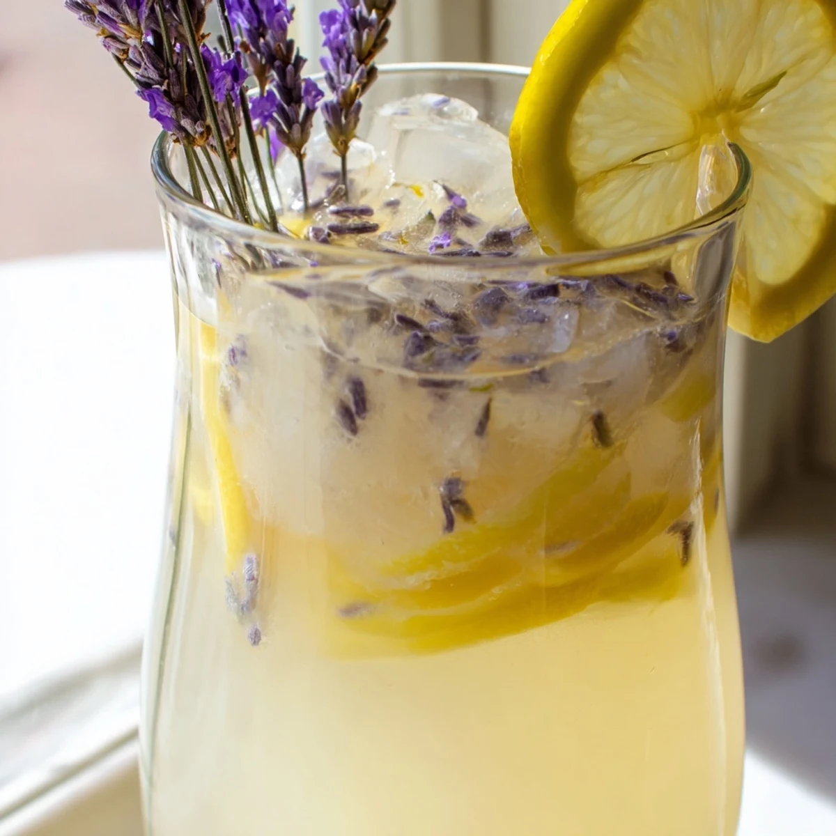 Glass pitcher of lavender lemonade garnished with fresh lemon slices and purple lavender sprigs on ice