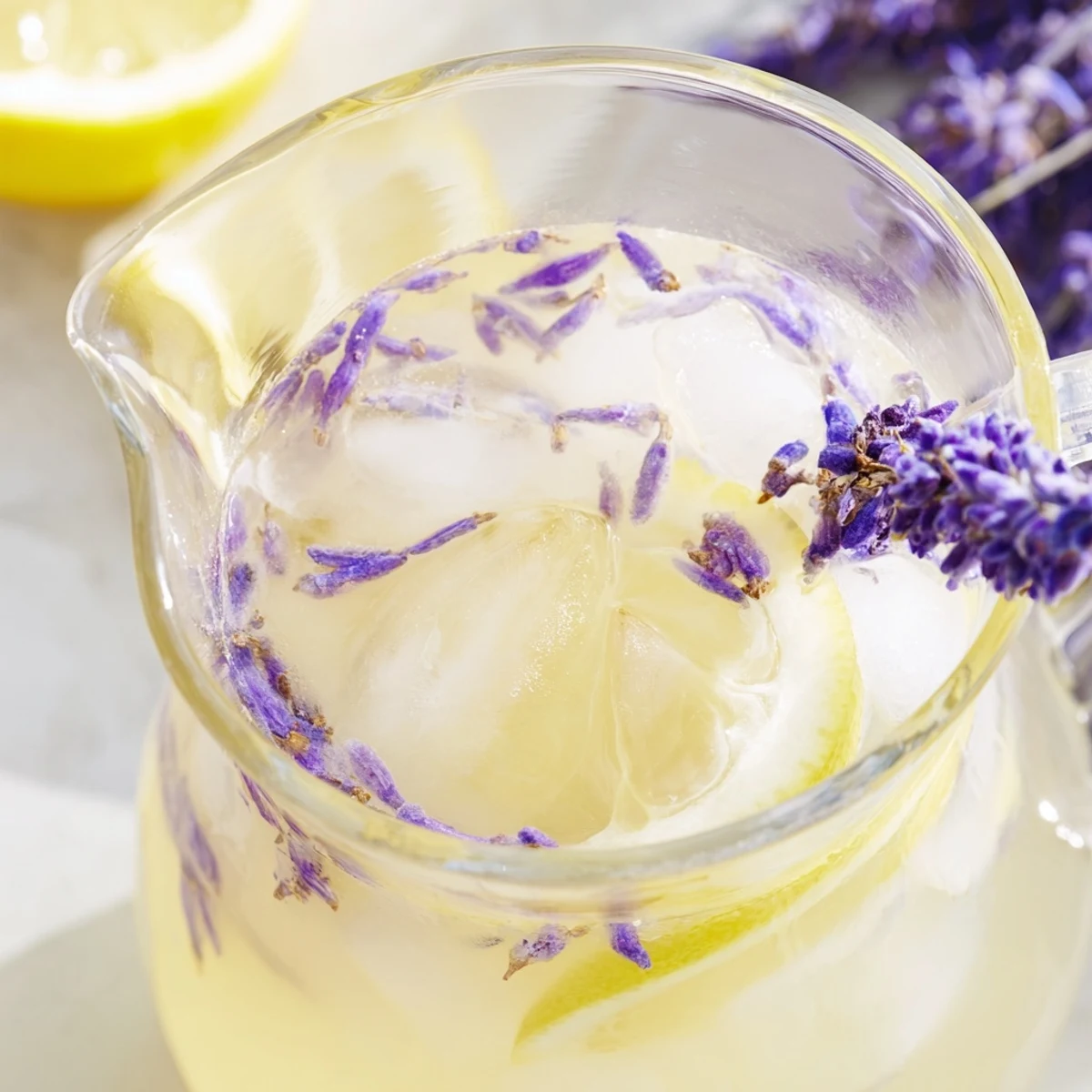 Homemade lavender lemonade in a clear mason jar with floating ice and fresh lavender sprig