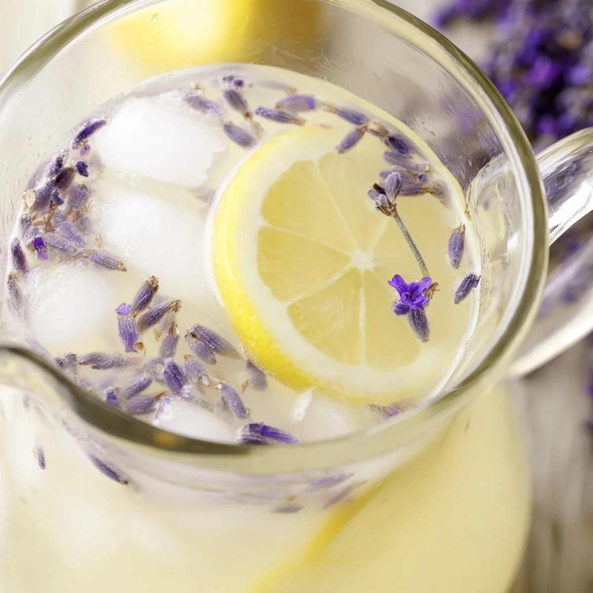 Refreshing lavender lemonade poured over ice cubes with lemon wheel garnish on a wooden table
