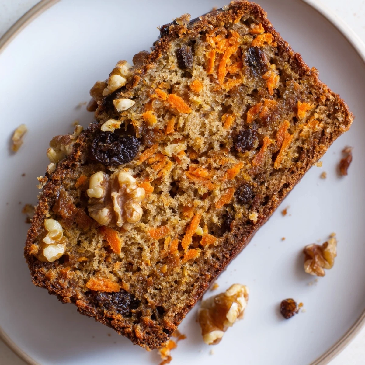 Golden brown carrot cake banana bread loaf topped with chopped walnuts on a wooden cutting board