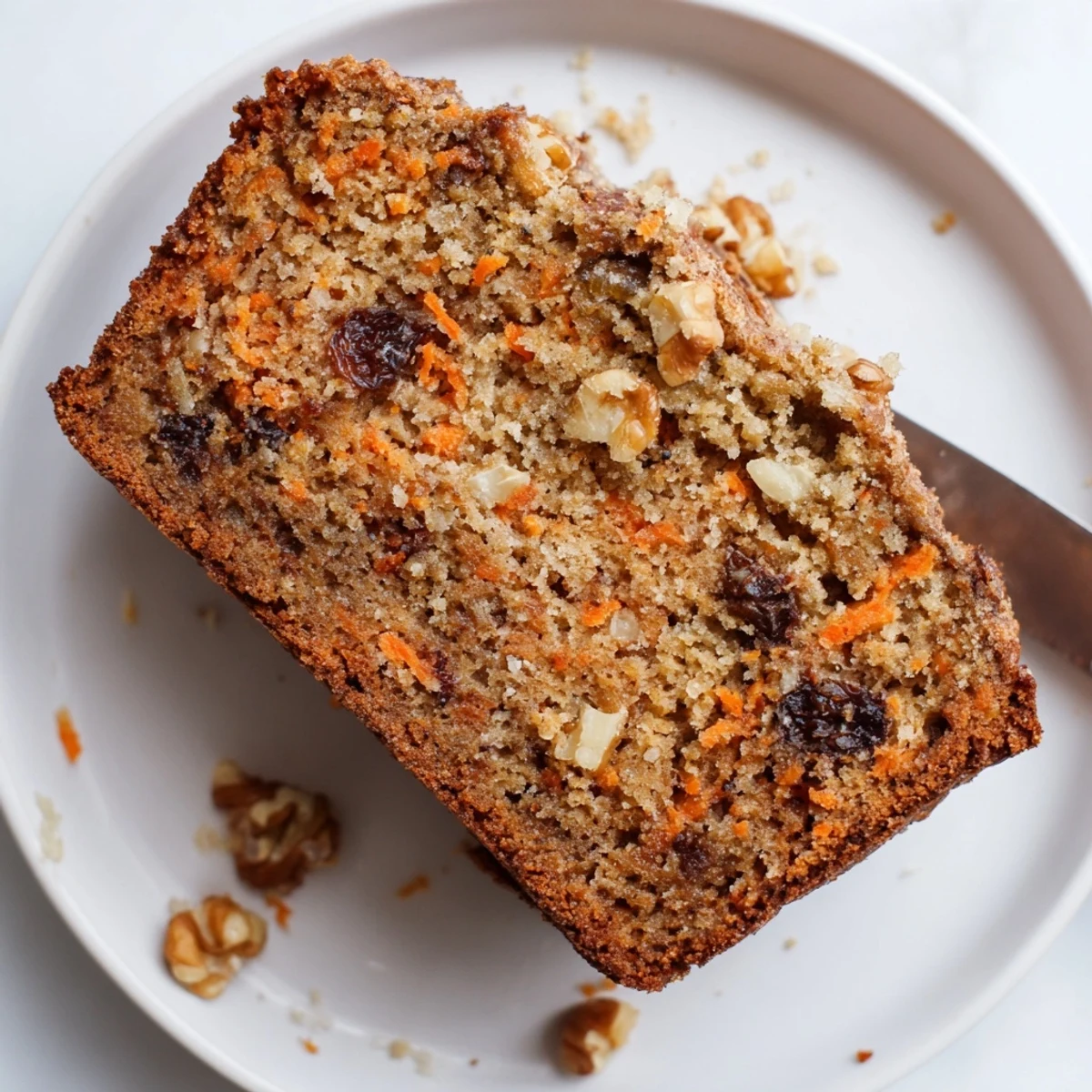 Moist slice of spiced carrot cake banana bread revealing flecks of grated carrot and ripe banana