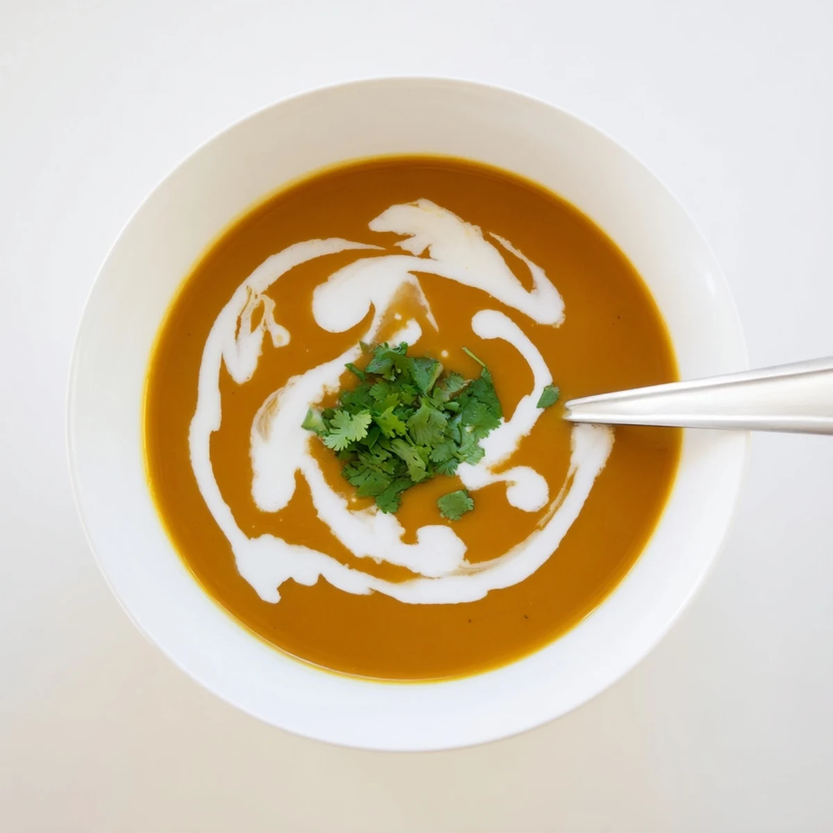 Creamy spicy apple soup garnished with fresh herbs and coconut cream swirl in white bowl