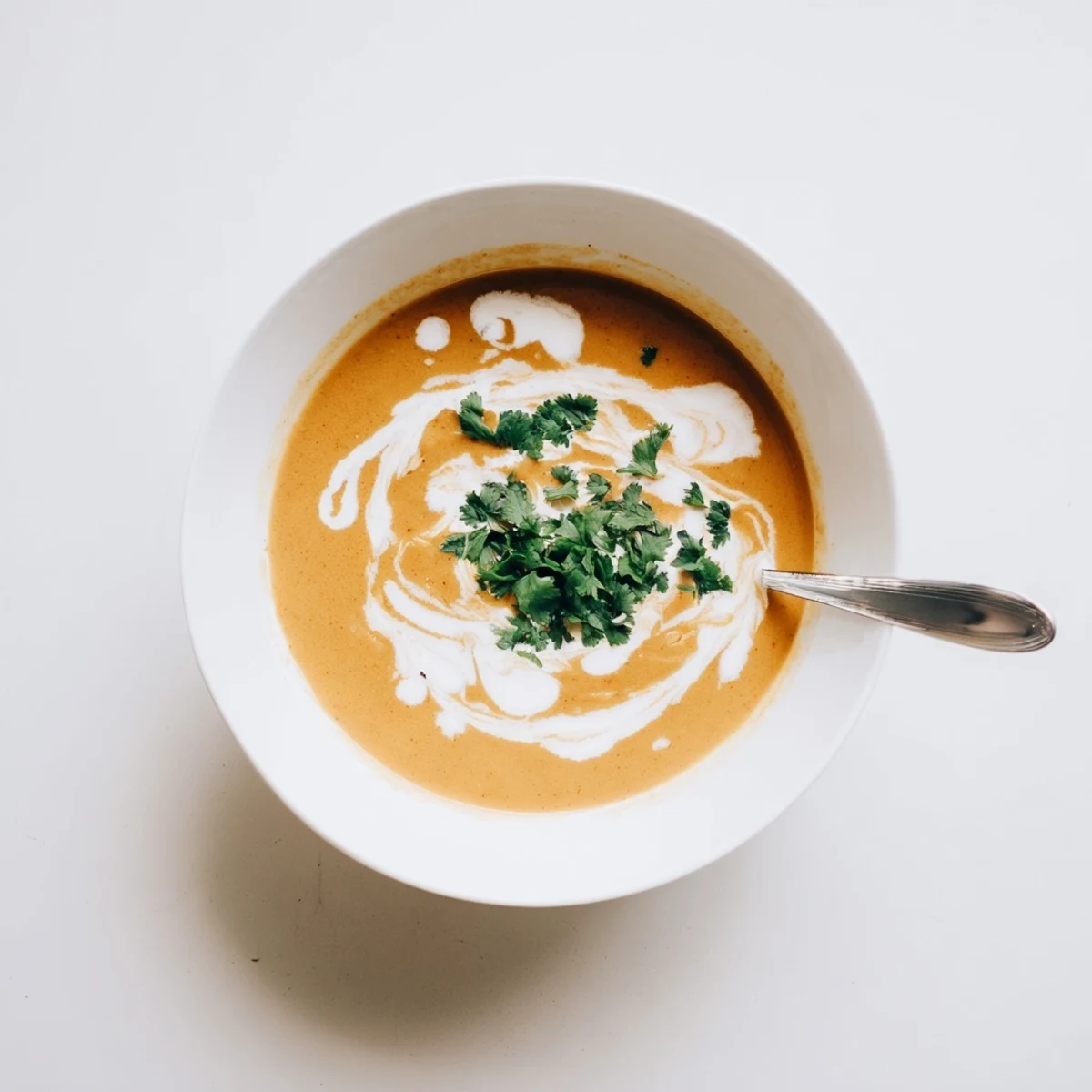Steaming bowl of spicy apple soup featuring smooth pureed texture and vibrant orange color