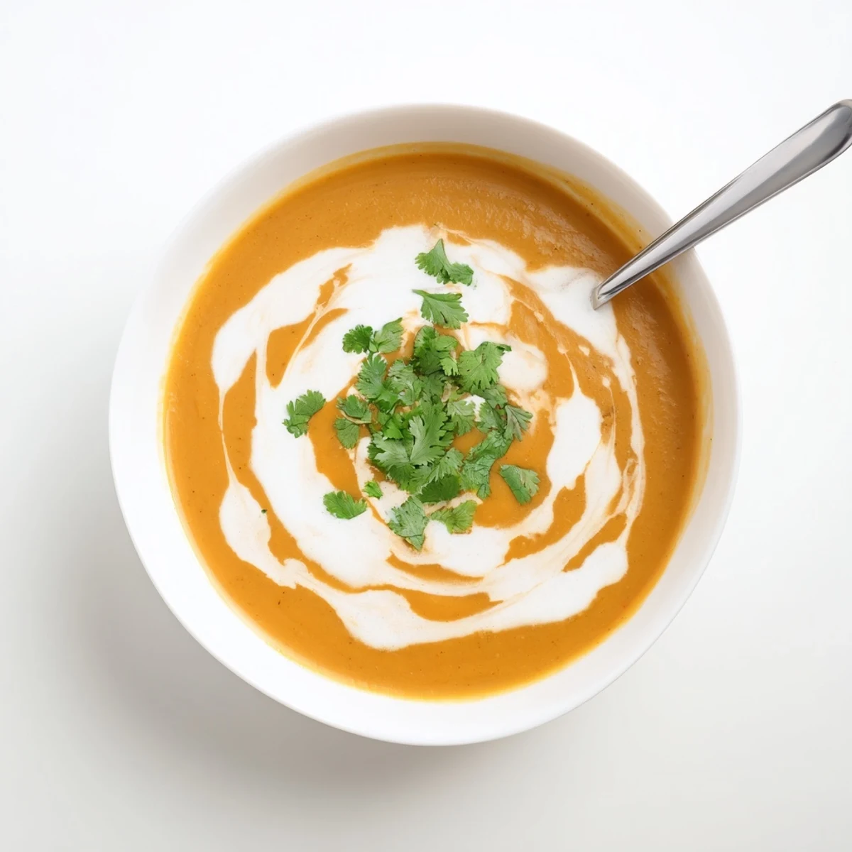 Homemade spicy apple soup served with crusty bread and topped with fresh green herbs