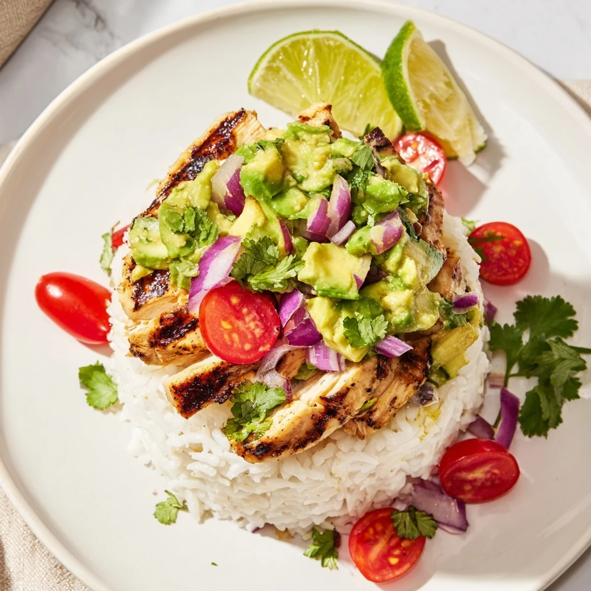 Honey lime chicken avocado rice stack featuring grilled sliced chicken over fluffy white rice with creamy avocado