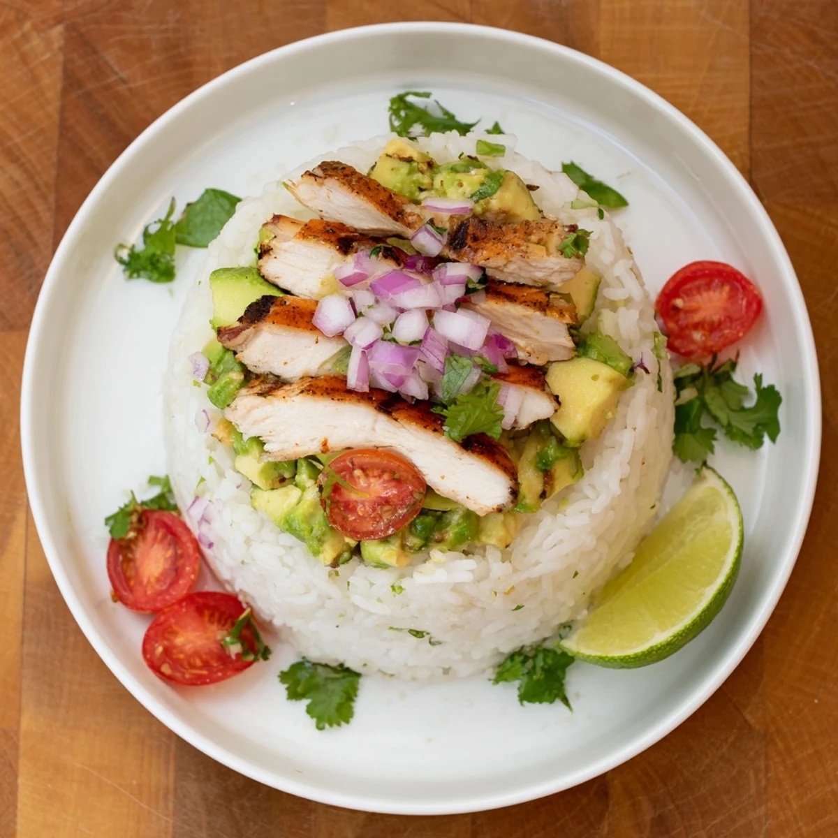 Vibrant layered honey lime chicken avocado rice stack topped with red onion cherry tomatoes and fresh cilantro garnish
