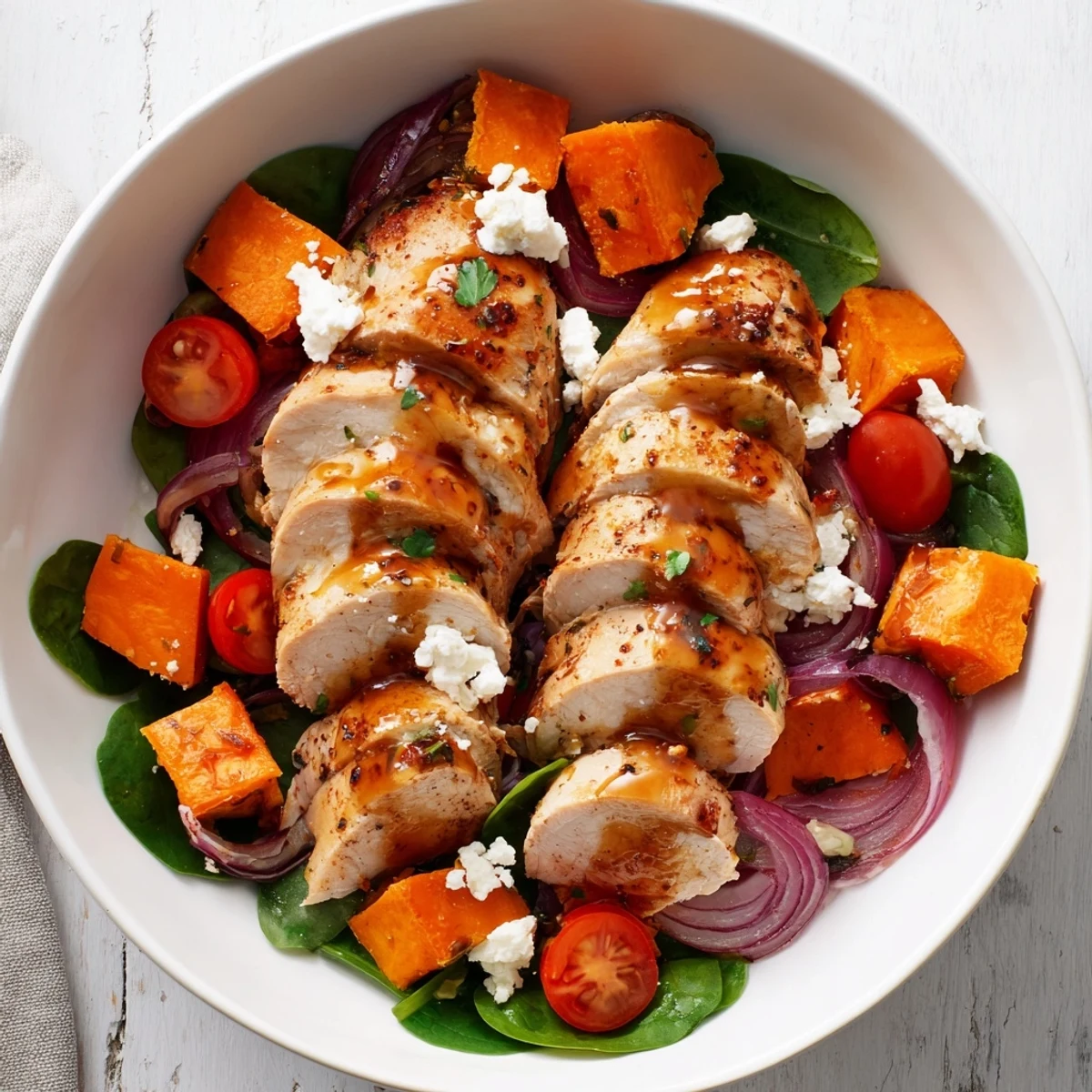 Golden glazed chicken slices rest atop roasted sweet potato cubes in a maple Dijon chicken sweet potato bowl