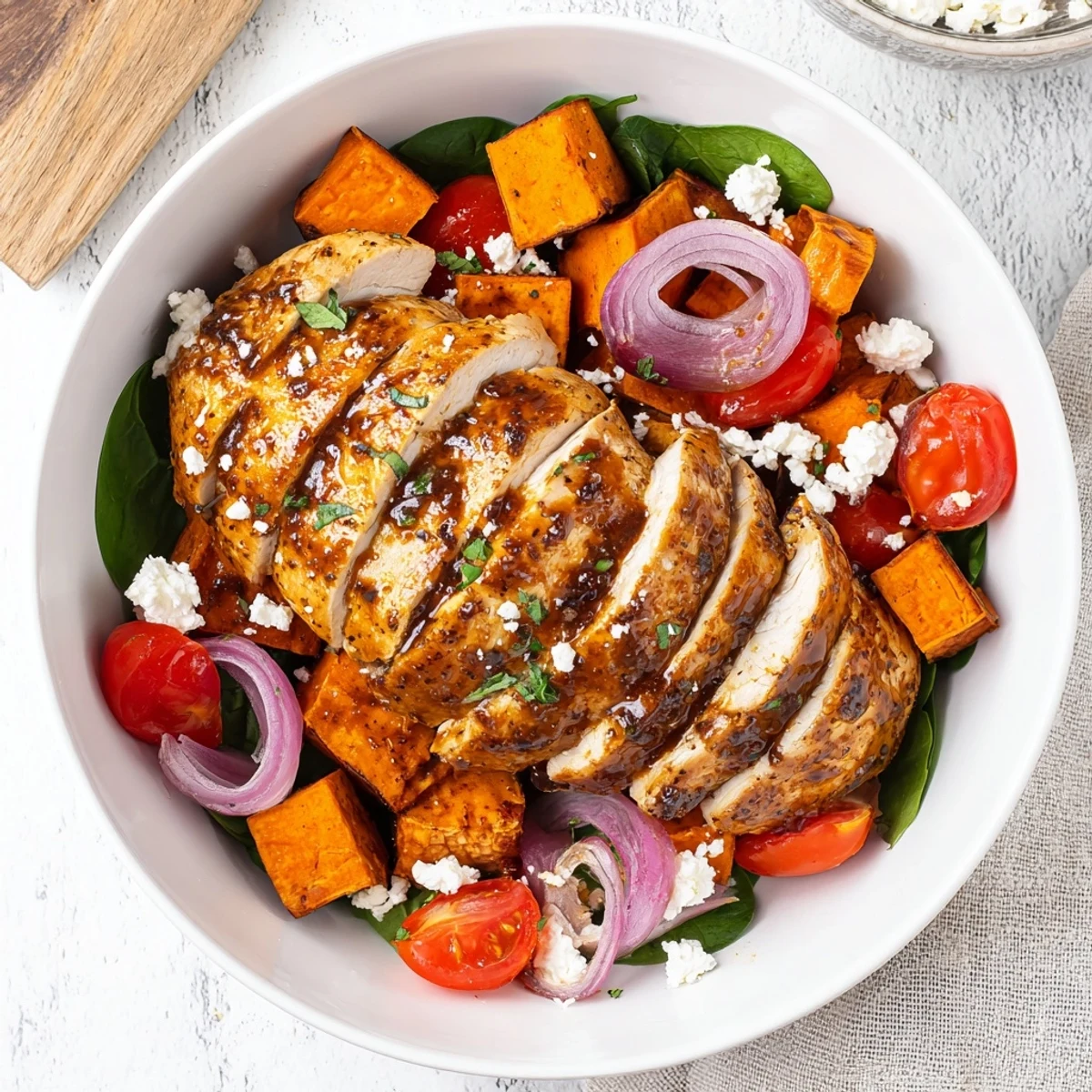 Juicy maple Dijon glazed chicken paired with caramelized sweet potatoes and fresh greens in wholesome bowl