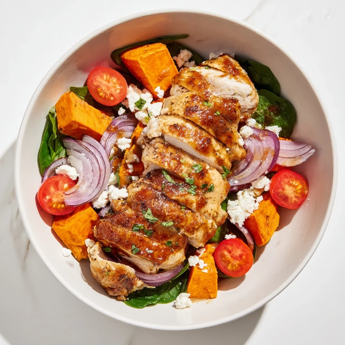 Complete meal bowl featuring tender maple Dijon chicken with roasted sweet potatoes and vibrant seasonal vegetables