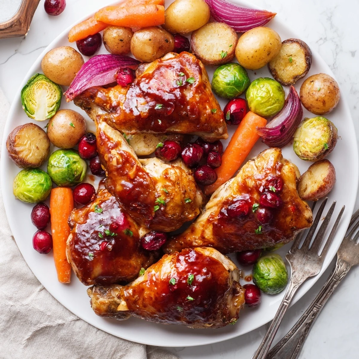 Golden roasted chicken glazed with honey and cranberries alongside colorful tender vegetables