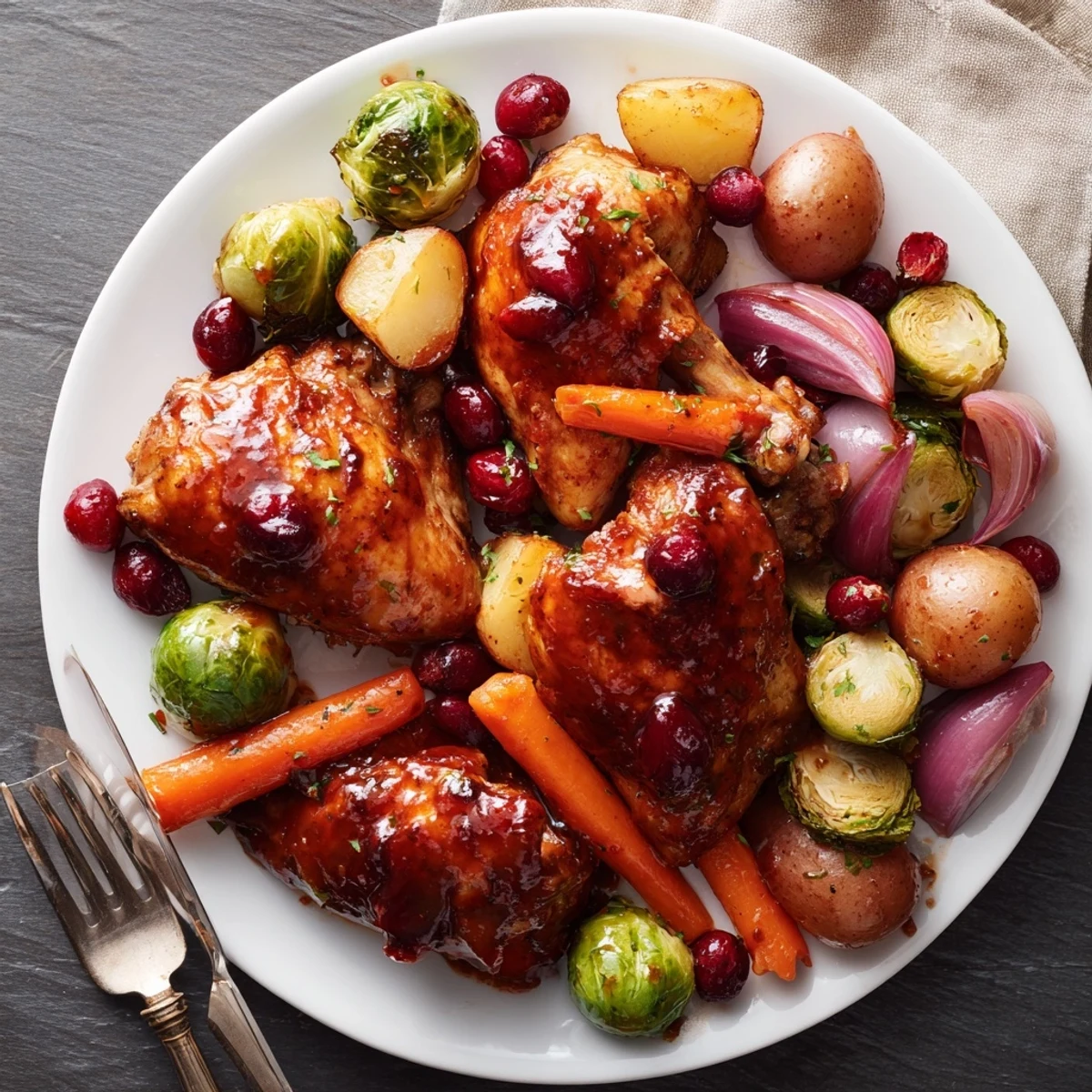 One pan honey cranberry chicken dinner with Brussels sprouts and potatoes on baking sheet