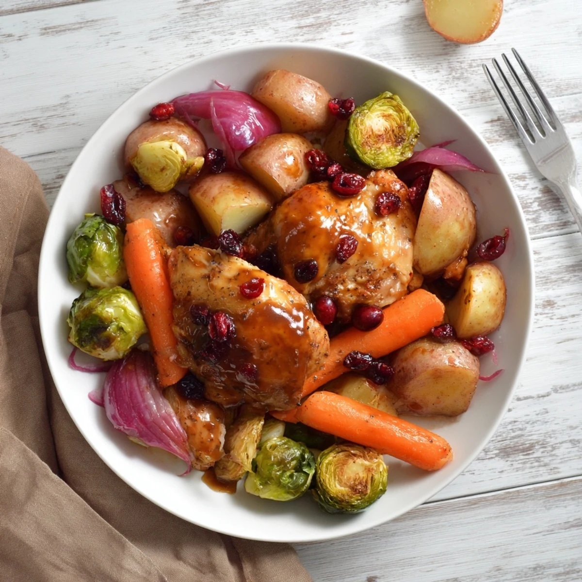 Juicy chicken breasts with sweet honey cranberry sauce served over roasted seasonal vegetables