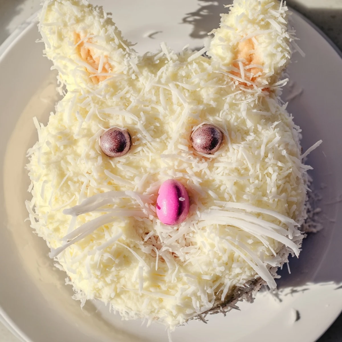 Whimsical Easter bunny cake featuring vanilla layers coated in buttercream and shredded coconut fur