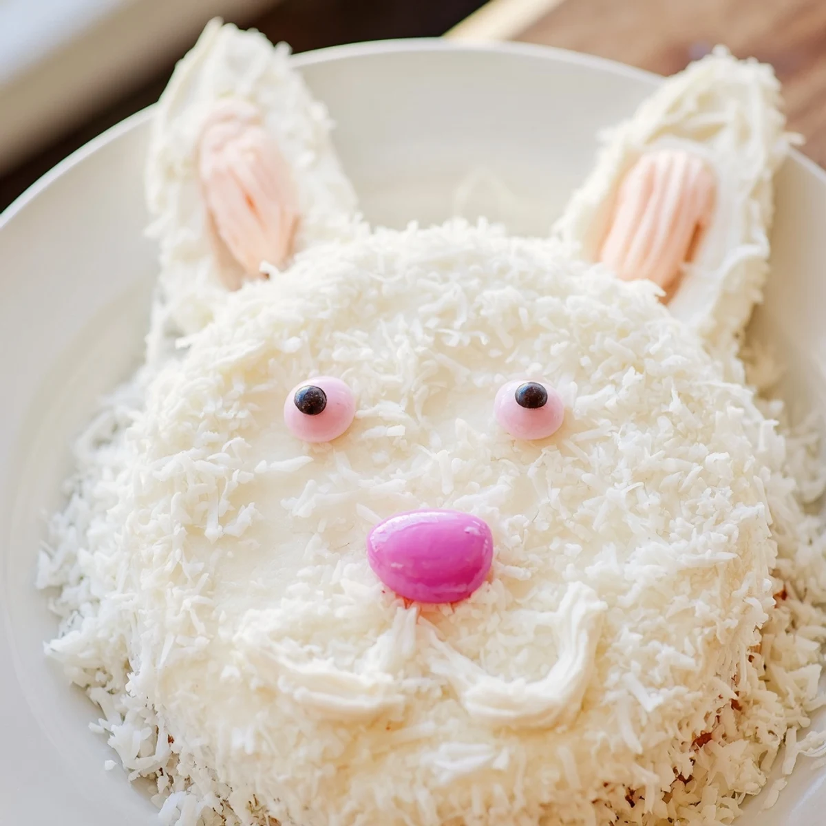 Festive bunny-shaped cake with jellybean face and coconut-covered vanilla cake perfect for spring gatherings
