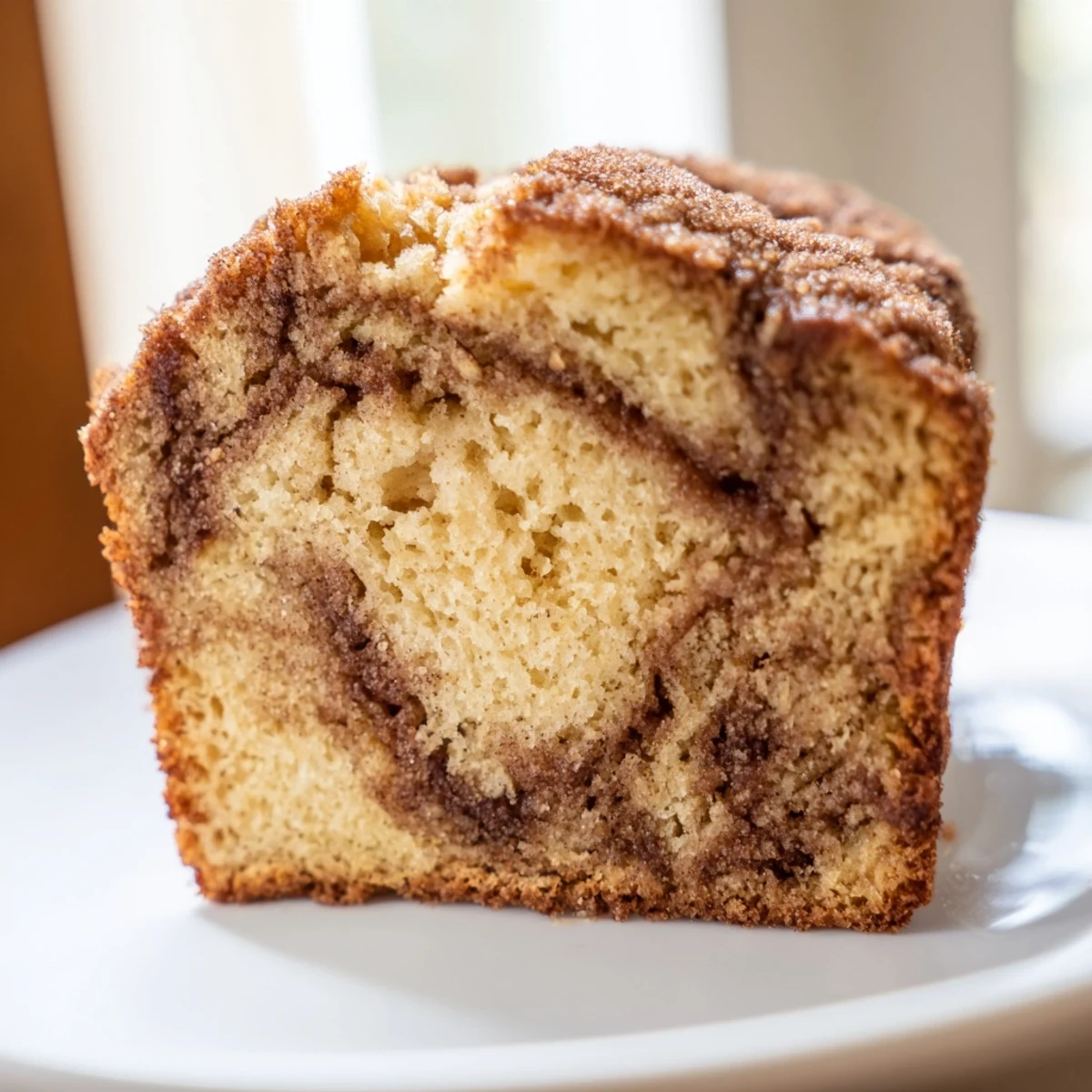 Golden slice of cinnamon sugar swirl banana bread with warm spiced marbling on rustic wooden board