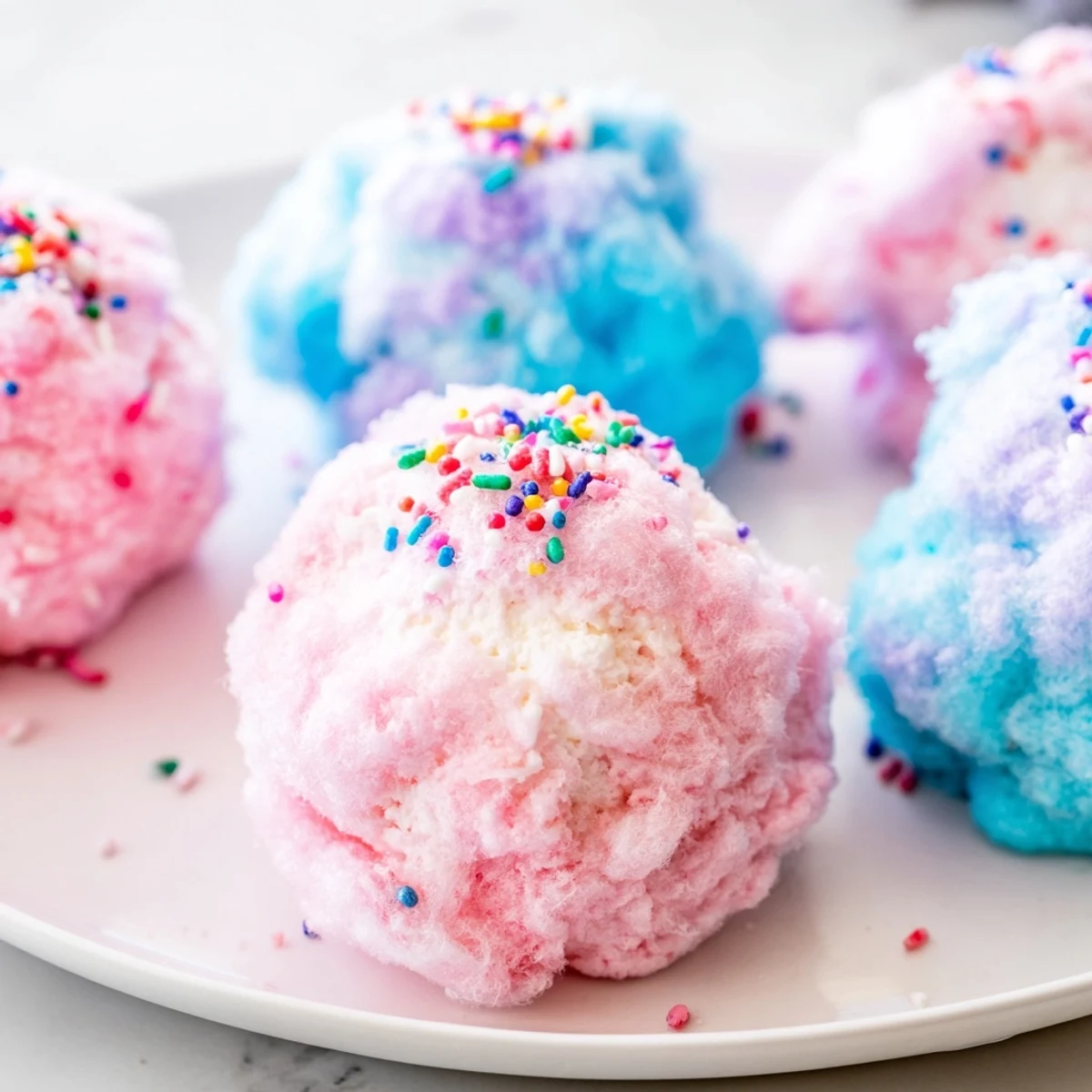 Mini Cotton Candy Cheesecake Puff Balls with fluffy pastel coating and creamy centers on a serving plate