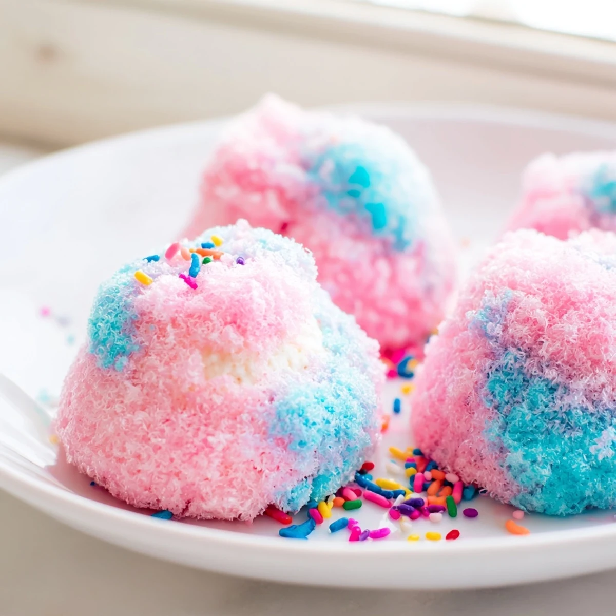 Creamy Mini Cotton Candy Cheesecake Puff Balls topped with colorful sprinkles for a whimsical party dessert
