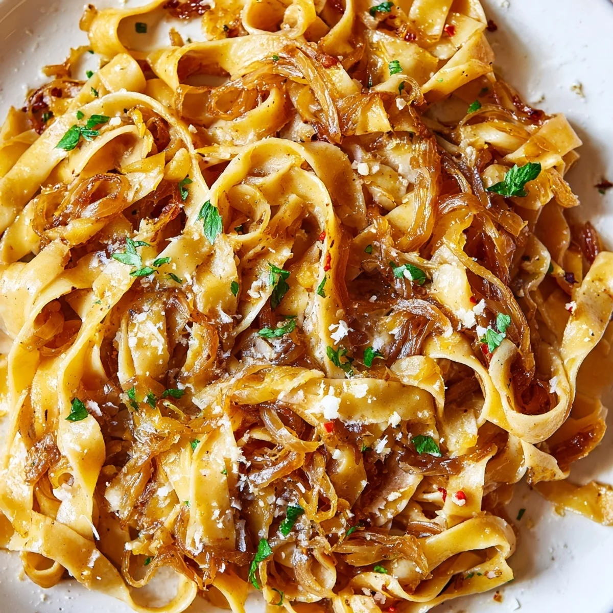 Sweet Heat Caramelized Onion Fettuccine tossed in creamy sauce with golden caramelized onions and fresh parsley garnish