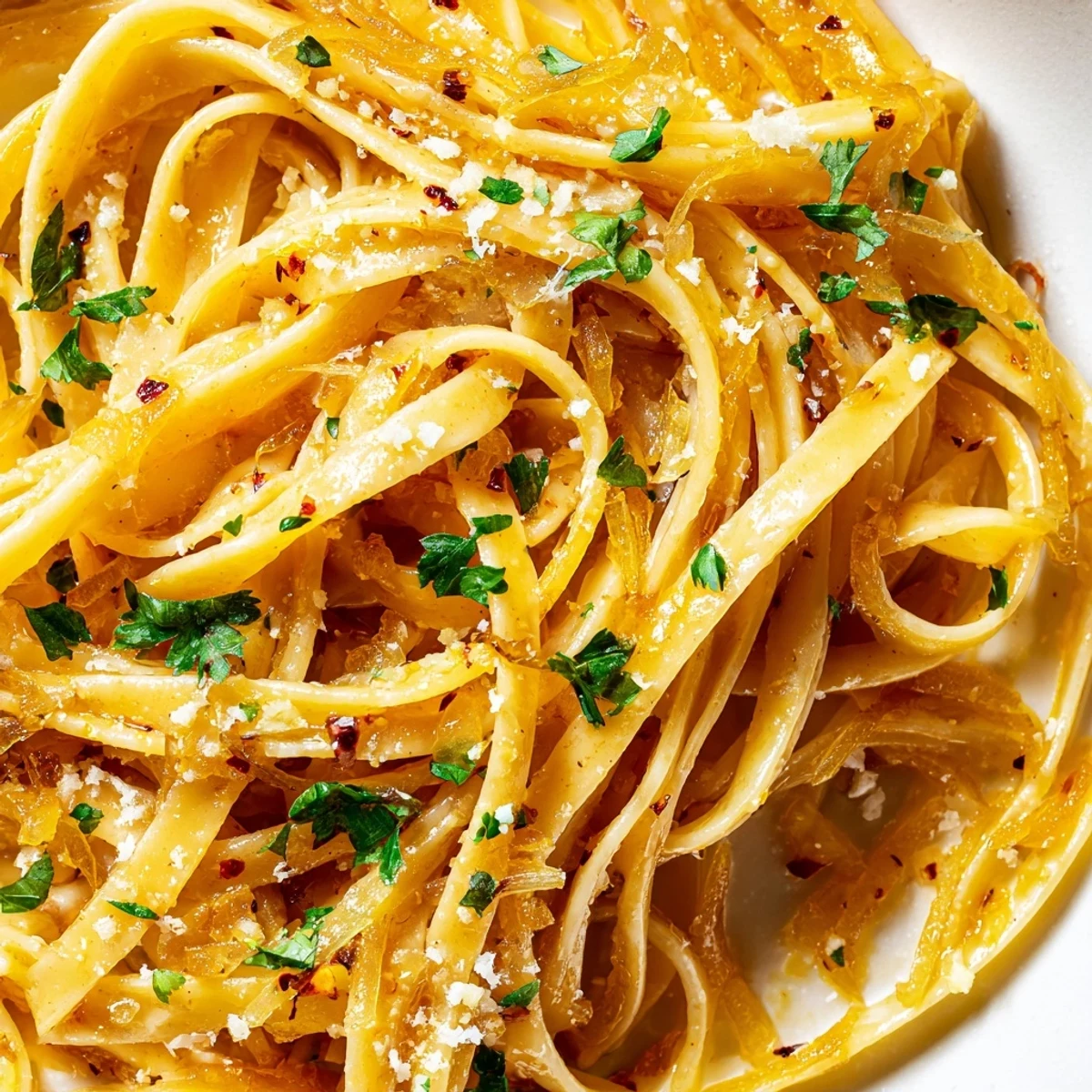 Steaming plate of Sweet Heat Caramelized Onion Fettuccine featuring glossy pasta coated in rich spicy cream sauce