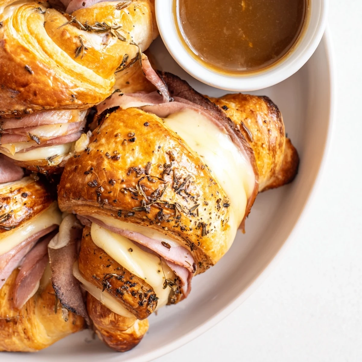 Golden beef and cheese French dip roll ups arranged on a rustic wooden serving board with dipping sauce