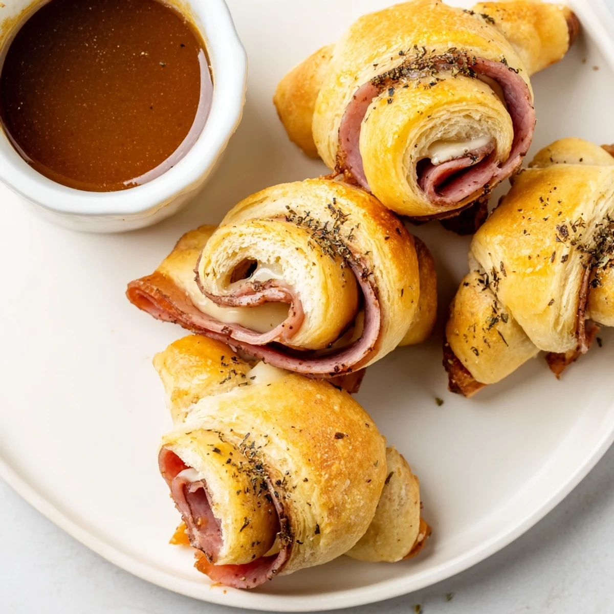 Crescent-wrapped beef and cheese French dip roll ups served steaming hot alongside savory au jus
