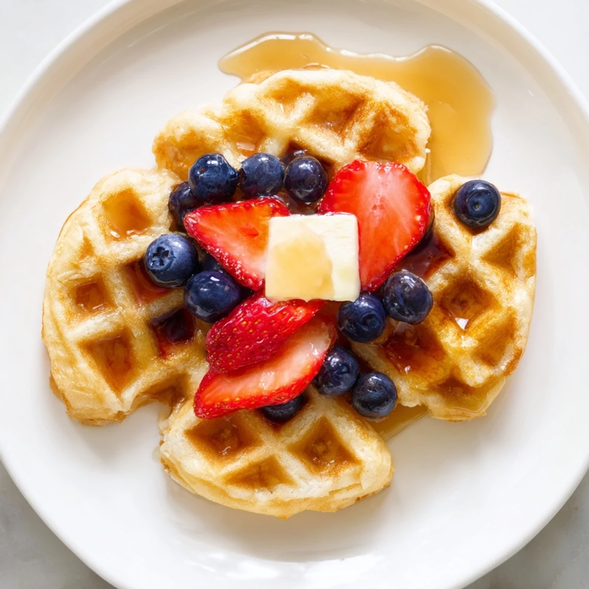 Crispy golden Greek yogurt waffles stacked on a plate with fresh berries and maple syrup