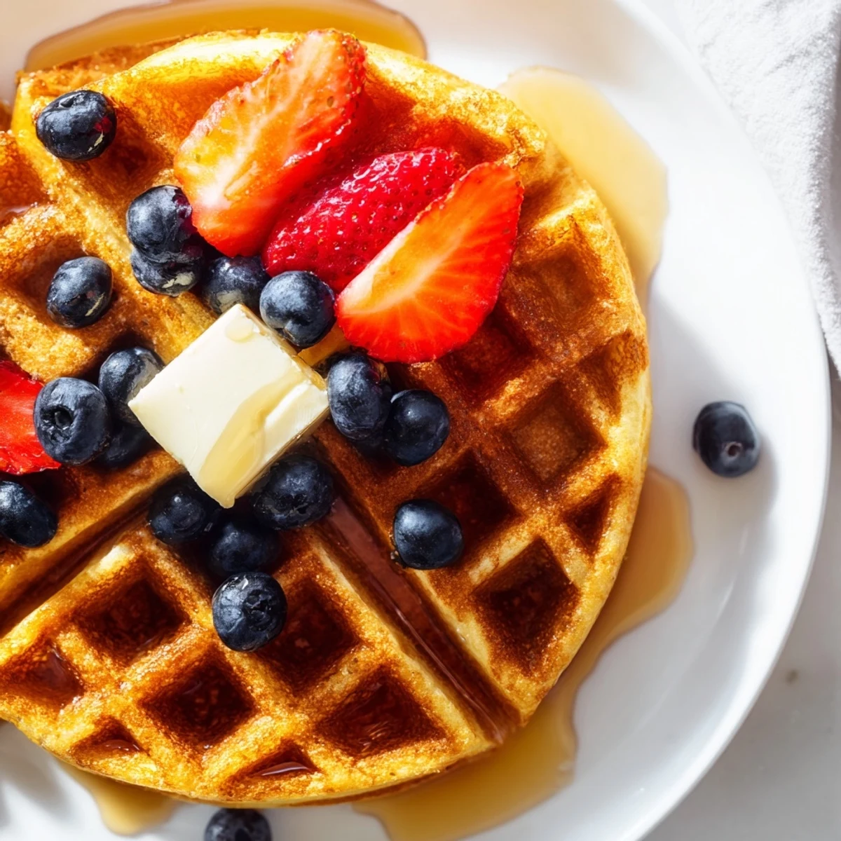 Fluffy Greek yogurt waffles with deep grid pockets drizzled in sweet honey and butter