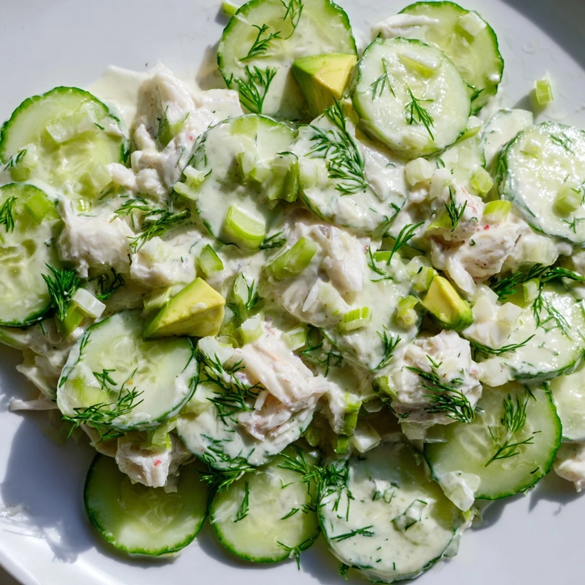 Chilled cucumber salad with crab meat featuring tender seafood and crisp vegetables in tangy sauce