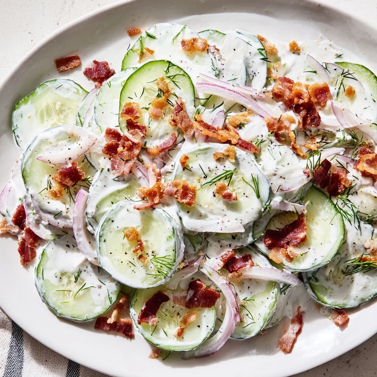 Crisp cucumber salad with bacon drizzled in creamy Greek yogurt dressing on white plate