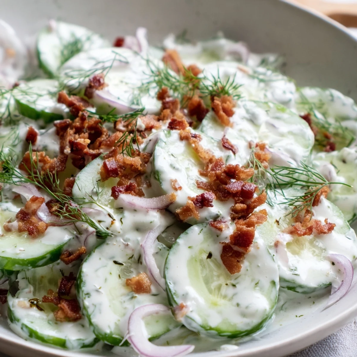 Thinly sliced cucumbers and red onion tossed with smoky bacon and fresh dill