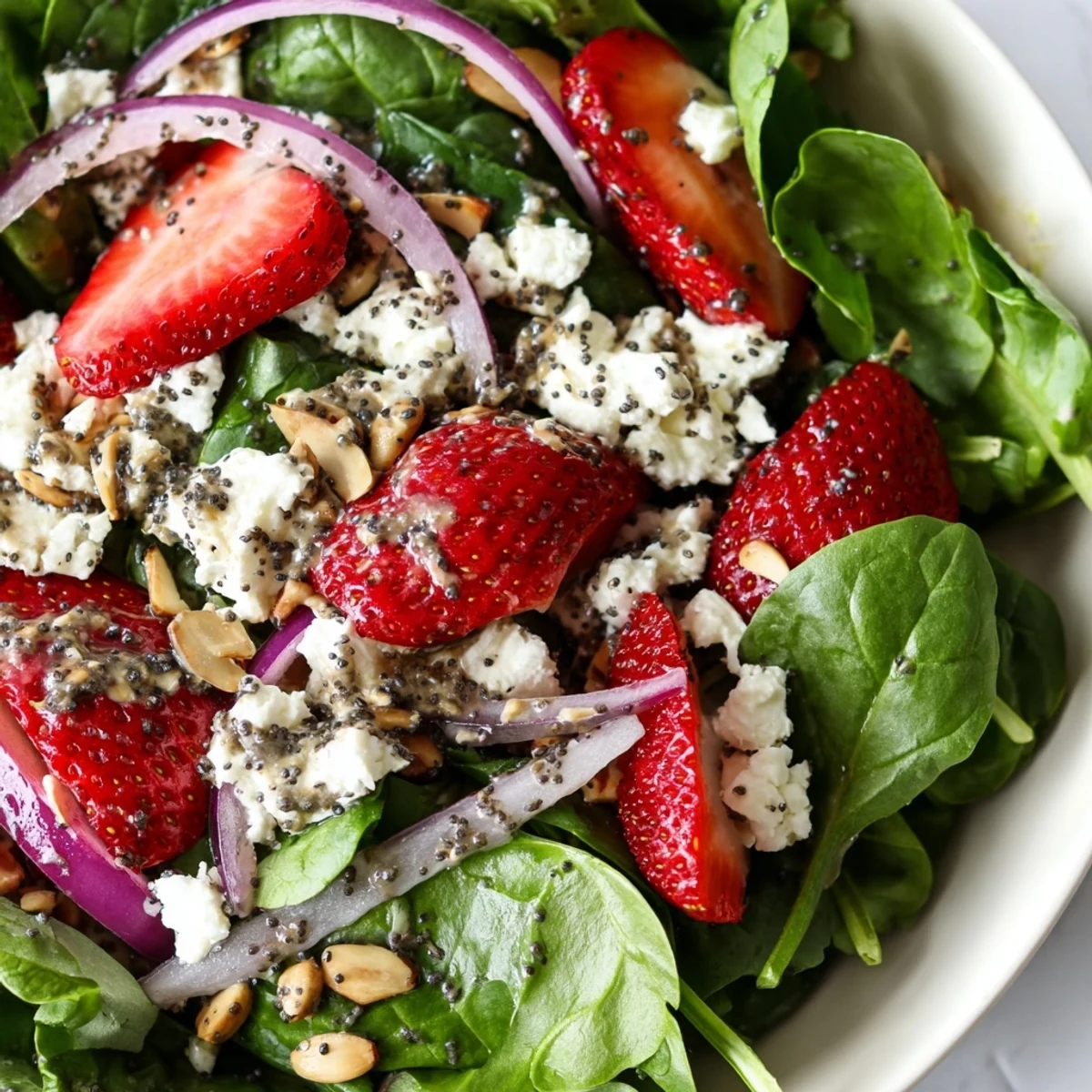 Fresh strawberry spinach salad topped with crumbled feta cheese and toasted almonds in bowl
