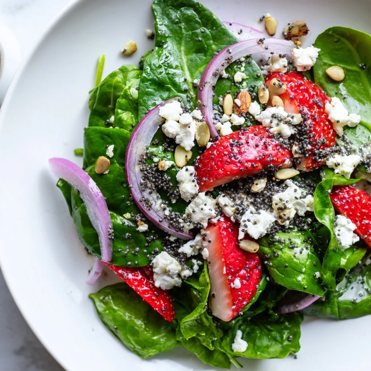 Vibrant strawberry spinach salad with sliced berries red onion and tangy balsamic poppy seed dressing