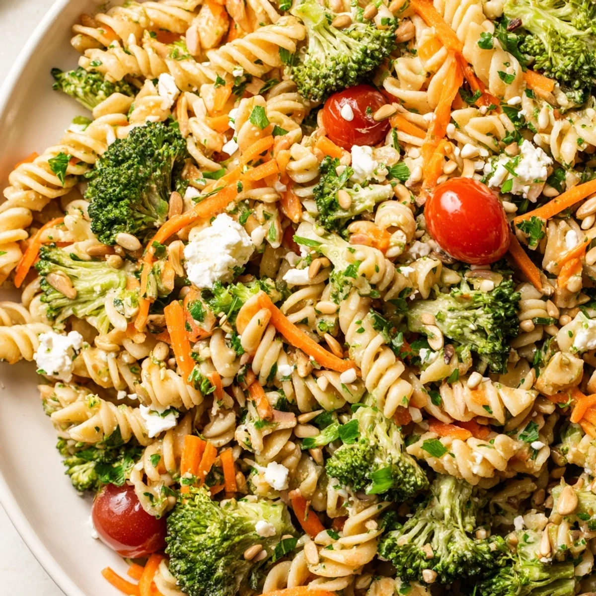 Fresh broccoli pasta salad in a white bowl with cherry tomatoes and zesty lemon dressing