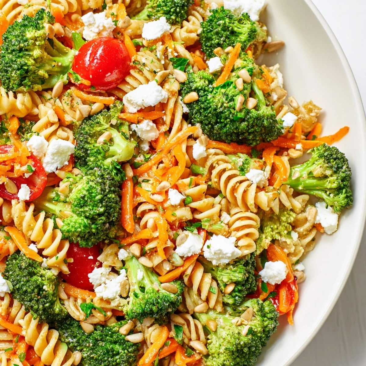 Crisp broccoli pasta salad topped with crumbled feta cheese and crunchy toasted sunflower seeds
