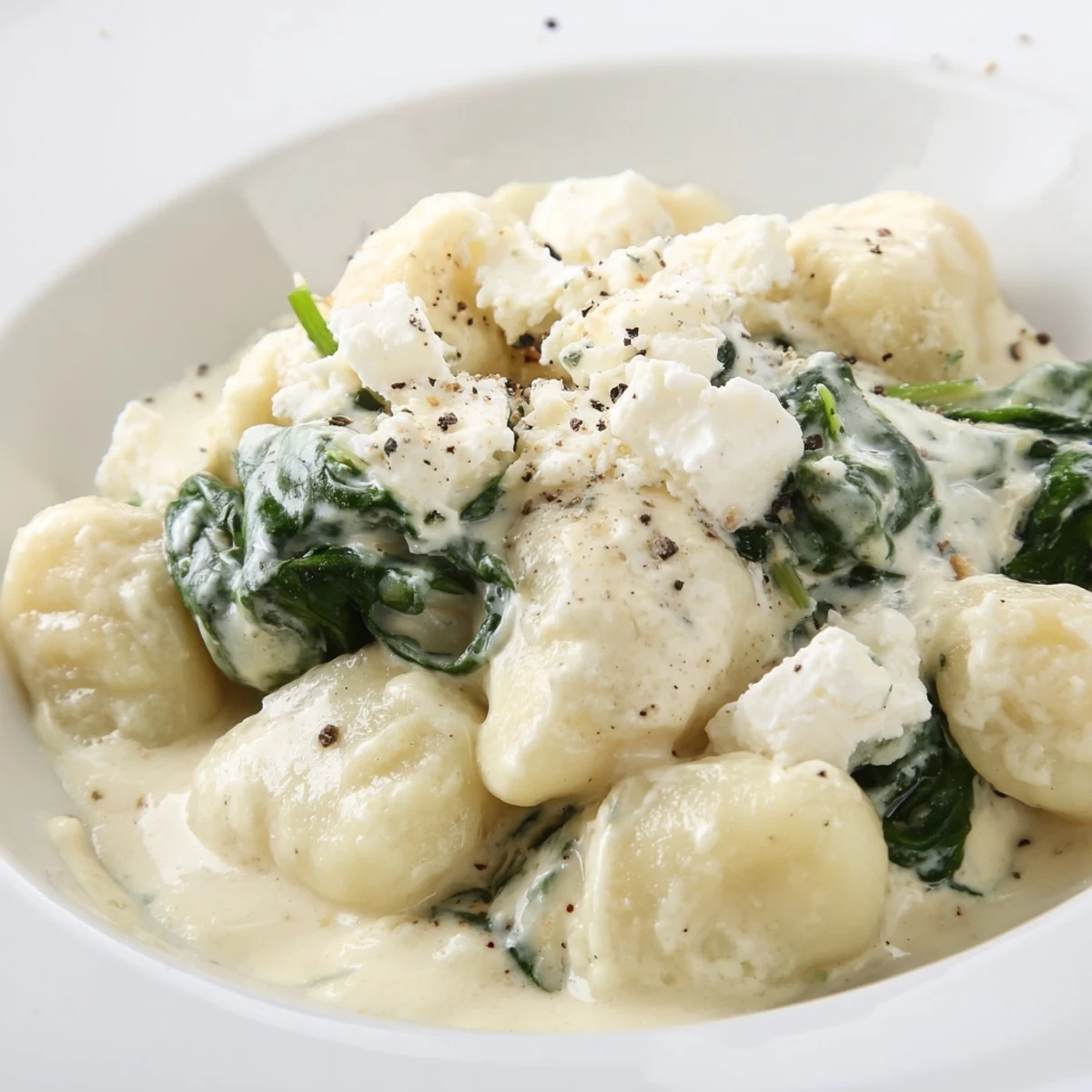Pillowy gnocchi with spinach and feta glistening in rich white cream sauce