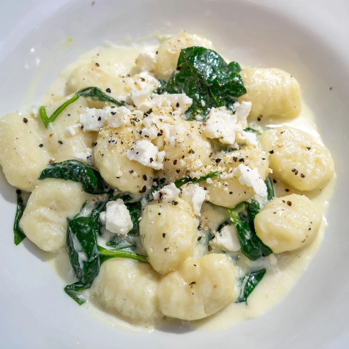 Creamy gnocchi with spinach and feta served in a white bowl with fresh pepper