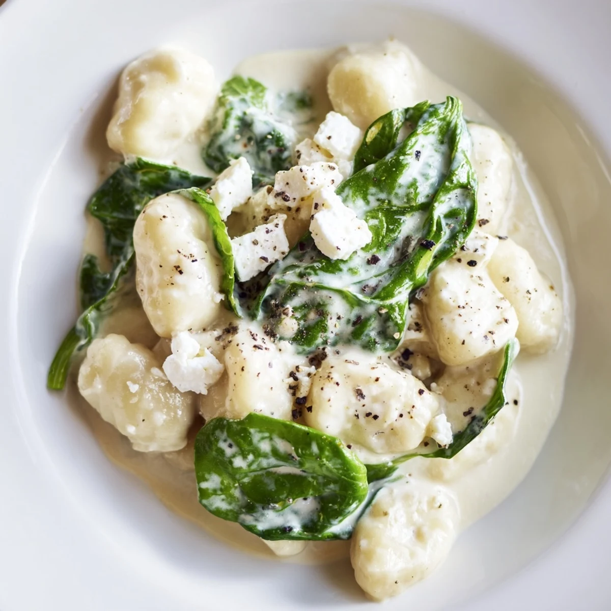 Creamy gnocchi with spinach and feta topped with crumbled cheese on rustic plate