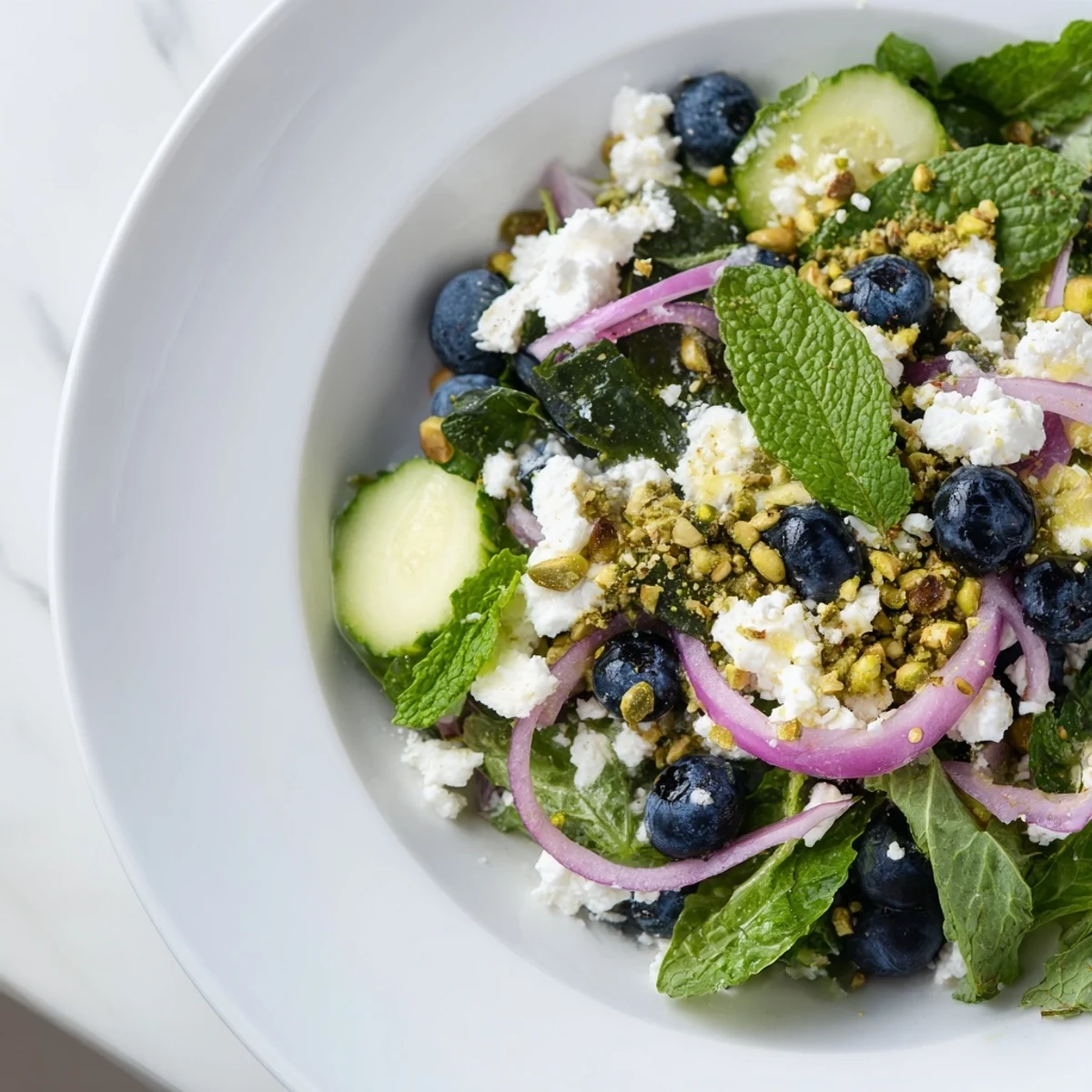 Blueberry Pistachio Spring Salad topped with crumbled feta and fresh mint leaves