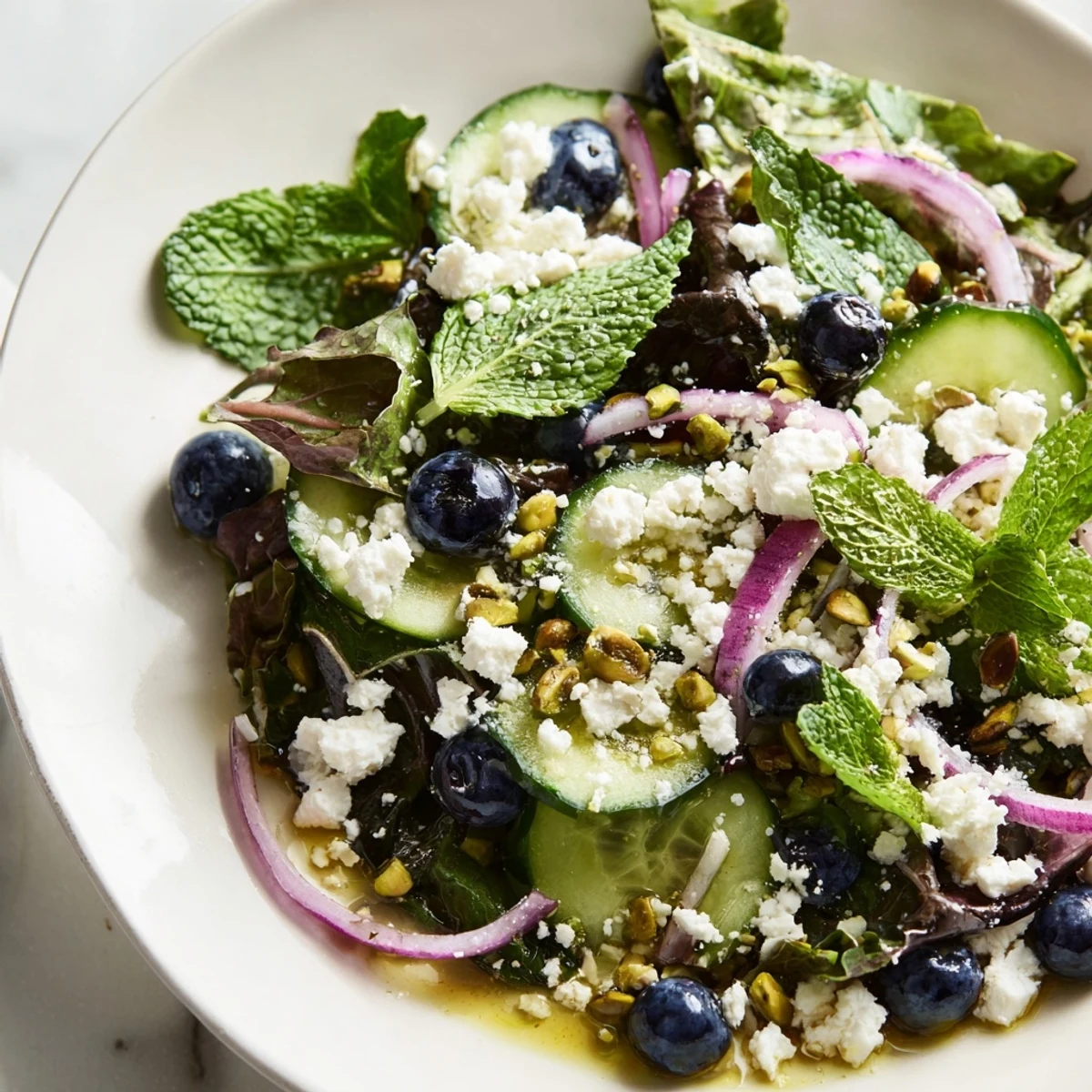 A vibrant Blueberry Pistachio Spring Salad drizzled with tangy lemon honey vinaigrette