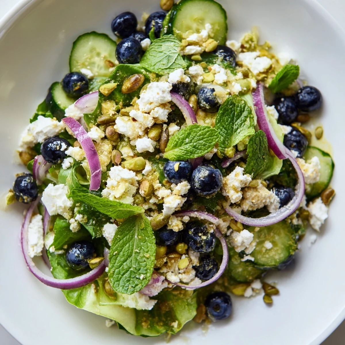 Crunchy pistachios and juicy blueberries crown this colorful Blueberry Pistachio Spring Salad