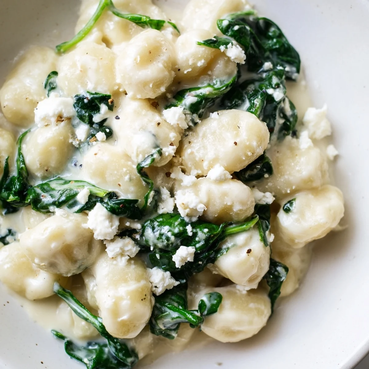 Creamy gnocchi with spinach and feta glistening in a velvety white sauce on a rustic plate