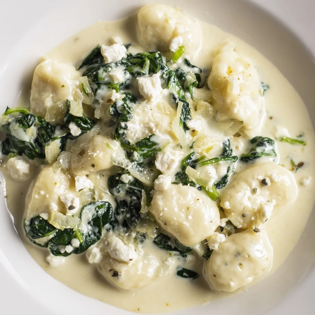 Golden potato gnocchi tossed with wilted spinach and crumbled feta in a rich, steaming cream sauce
