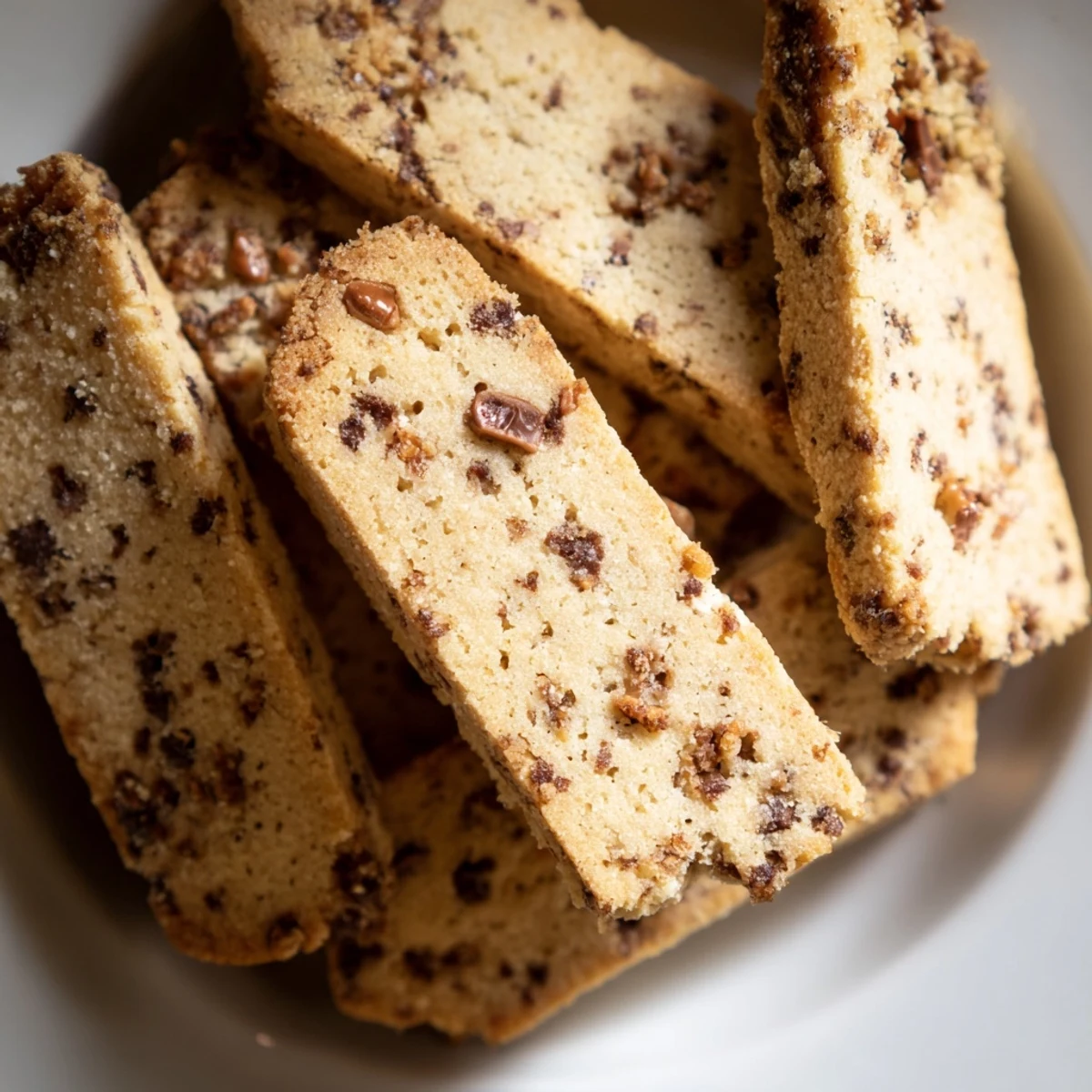 Golden espresso shortbread cookies with melted toffee chunks on a rustic wooden serving board